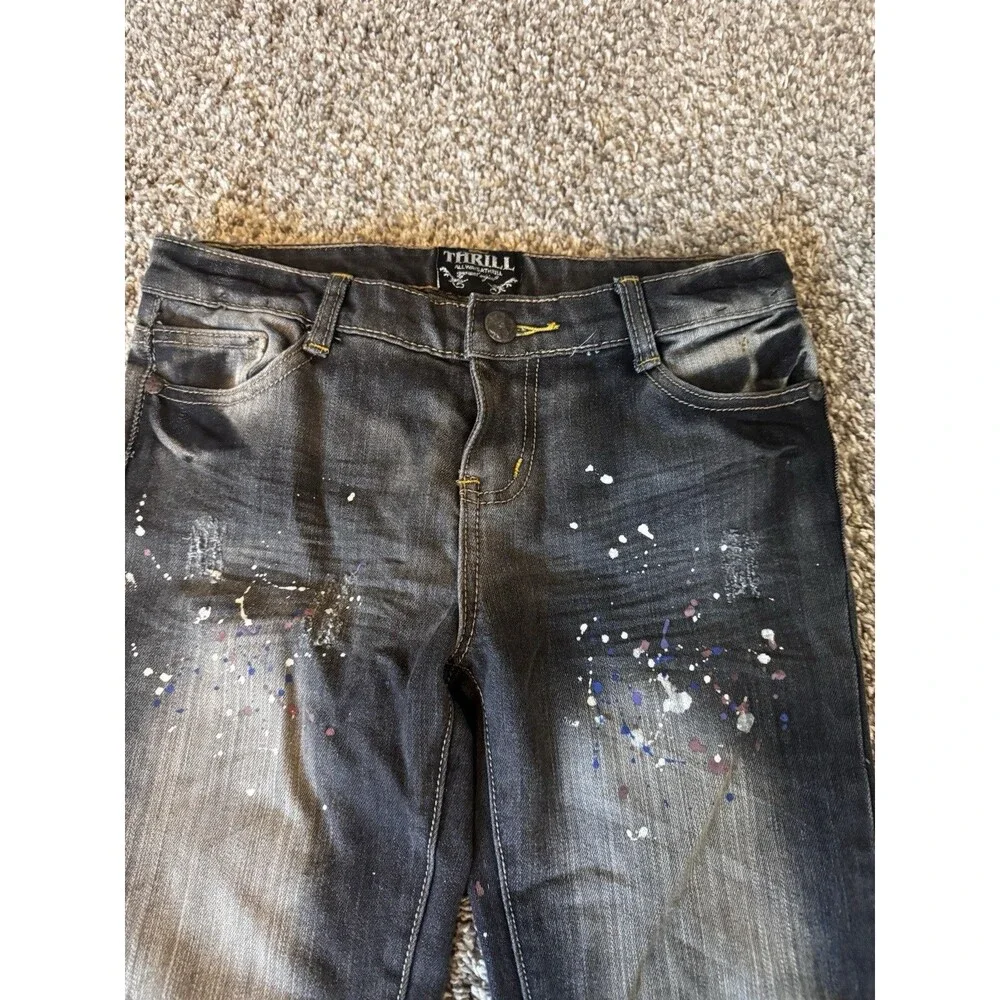 THRILL Girls Size 16 Black Jeans Distressed Paint Splatter Y2K Straight Leg